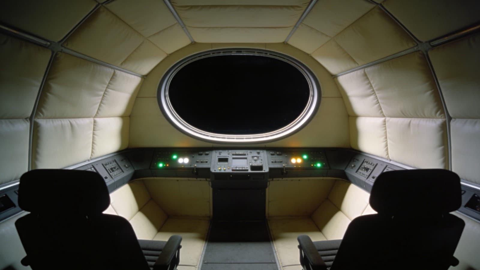 Interiorul întunecat al unui cockpit de navă, cu vedere spre spațiu — de pe scaunul pasagerului pe cel de pilot